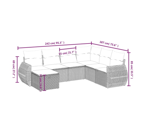 Set de comedor de jardín 7 pzas y cojines ratán sintético negro