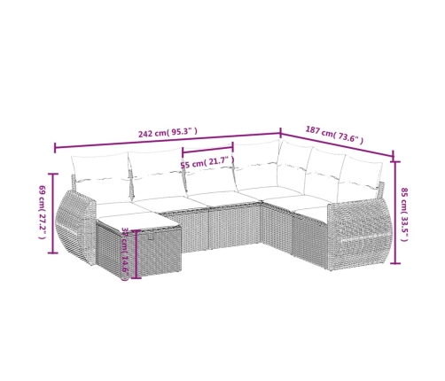 Set de sofás de jardín 7 piezas con cojines ratán PE gris