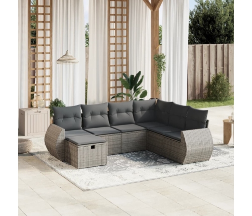 Set de sofás de jardín 7 piezas con cojines ratán PE gris