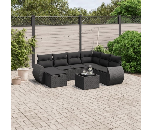Set de sofás de jardín 8 piezas y cojines ratán sintético negro