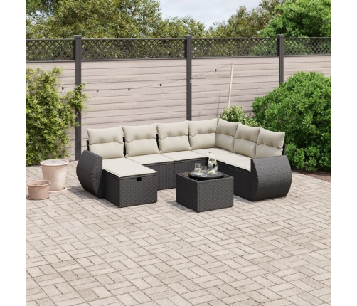 Set de sofás de jardín 8 piezas y cojines ratán sintético negro