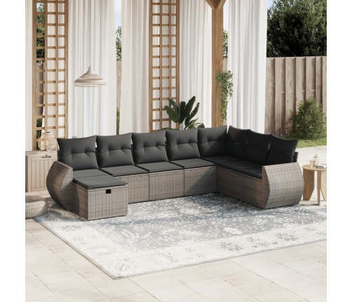 Set de sofás de jardín 8 pzas y cojines ratán sintético gris