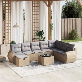 Juego de sofás jardín con cojines beige mezcla 9 pzas ratán PE