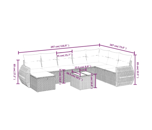 Set de muebles de jardín 9 pzas y cojines ratán sintético gris