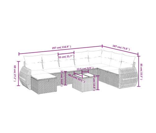 Set de muebles de jardín 9 pzas y cojines ratán sintético gris