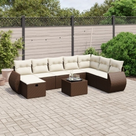 Set de sofás de jardín 9 pzas y cojines ratán sintético marrón