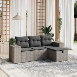 Set de sofás de jardín 4 pzas y cojines ratán sintético gris