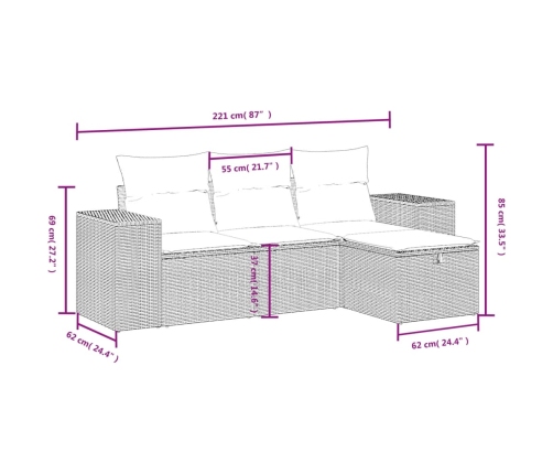 Set de sofás de jardín 4 pzas y cojines ratán sintético gris