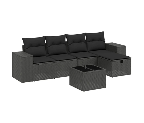 Set de sofás de jardín 6 piezas y cojines ratán sintético negro
