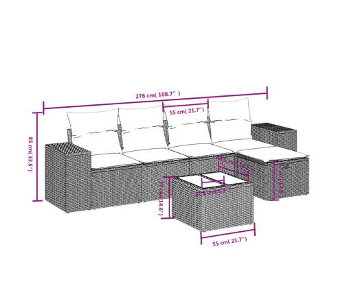 Set de sofás de jardín 6 piezas y cojines ratán sintético negro