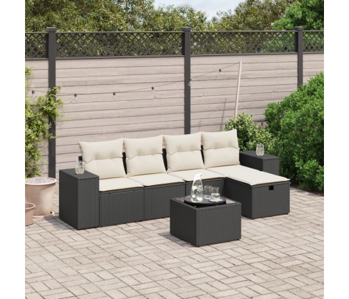Set de sofás de jardín 6 piezas y cojines ratán sintético negro