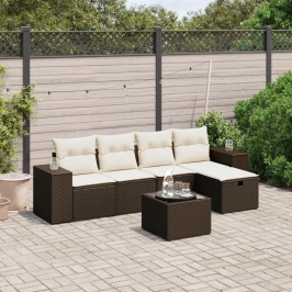 Set sofás de jardín 6 piezas y cojines ratán sintético marrón