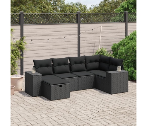 Set de sofás de jardín 6 piezas y cojines ratán sintético negro