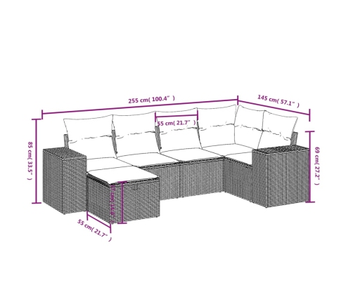 Set de muebles de jardín 6 pzas y cojines ratán sintético gris