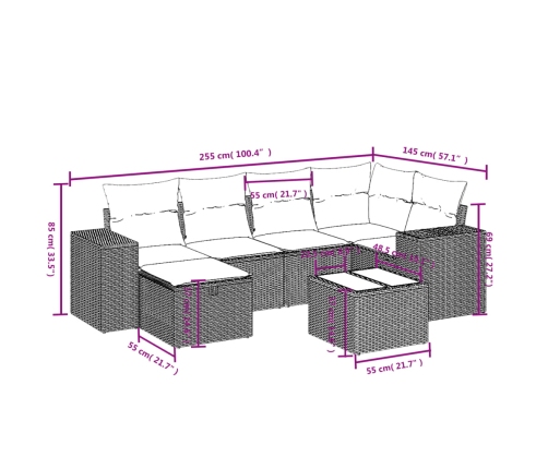 Set de comedor de jardín 7 pzas y cojines ratán sintético negro