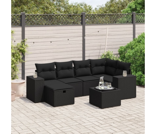 Set de comedor de jardín 7 pzas y cojines ratán sintético negro