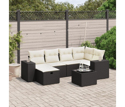 Set de comedor de jardín 7 pzas y cojines ratán sintético negro