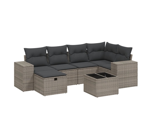 Set de sofás de jardín 7 piezas con cojines ratán PE gris