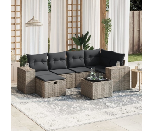 Set de sofás de jardín 7 piezas con cojines ratán PE gris