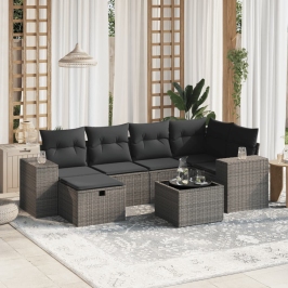 Set de sofás de jardín 7 pzas con cojines ratán PE gris claro