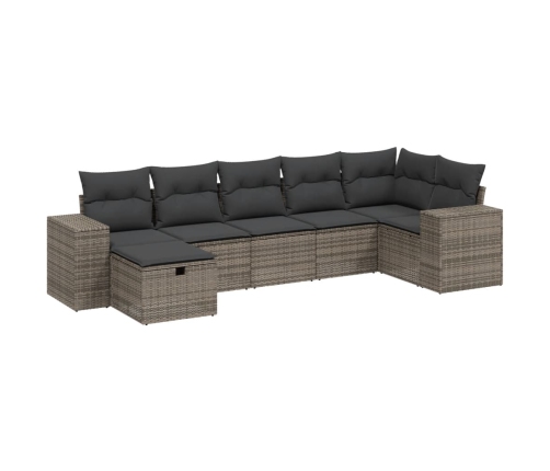 Set de sofás de jardín 7 piezas con cojines ratán PE gris