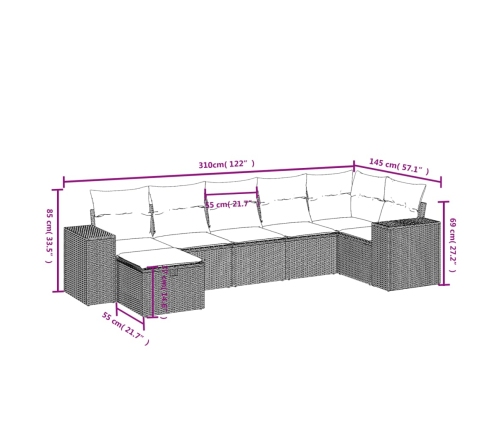 Set de sofás de jardín 7 piezas con cojines ratán PE gris