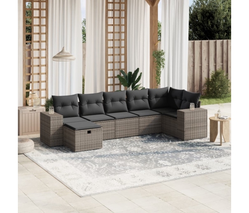 Set de sofás de jardín 7 piezas con cojines ratán PE gris