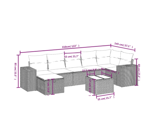 Set de sofás de jardín 8 pzas y cojines ratán sintético gris