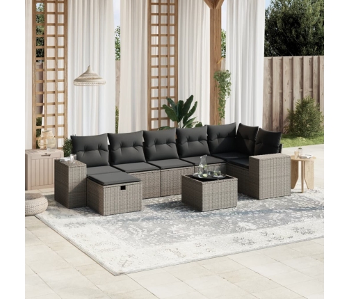 Set de sofás de jardín 8 pzas y cojines ratán sintético gris
