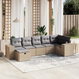 Juego de sofás jardín con cojines beige mezcla 7 pzas ratán PE