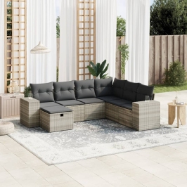 Set de sofás de jardín 7 pzas con cojines ratán PE gris claro