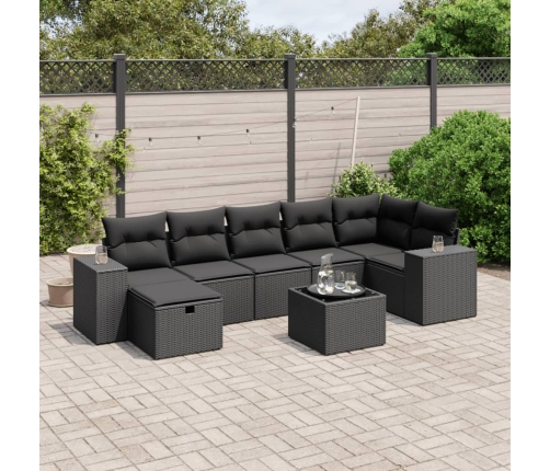 Set de sofás de jardín 8 piezas y cojines ratán sintético negro