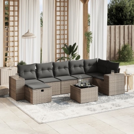 Set de sofás de jardín 8 pzas y cojines ratán sintético gris