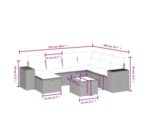 Set de sofás de jardín 8 pzas y cojines ratán sintético gris