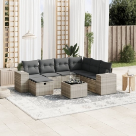 Set de sofás de jardín 8 pzas y cojines ratán sintético gris