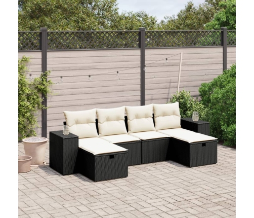 Set de sofás de jardín 6 piezas y cojines ratán sintético negro