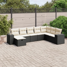 Set de sofás de jardín 8 piezas y cojines ratán sintético negro