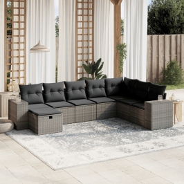 Set de sofás de jardín 8 pzas y cojines ratán sintético gris
