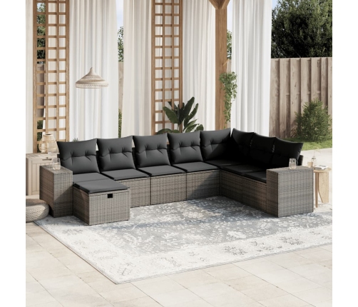 Set de sofás de jardín 8 pzas y cojines ratán sintético gris