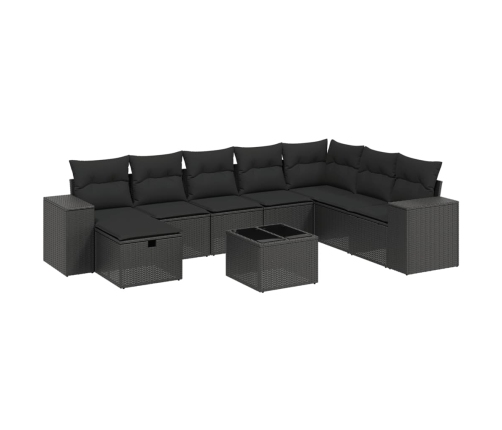 Set de sofás de jardín 8 piezas y cojines ratán sintético negro