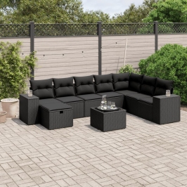 Set de sofás de jardín 8 piezas y cojines ratán sintético negro