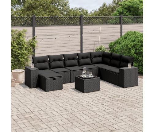 Set de sofás de jardín 8 piezas y cojines ratán sintético negro