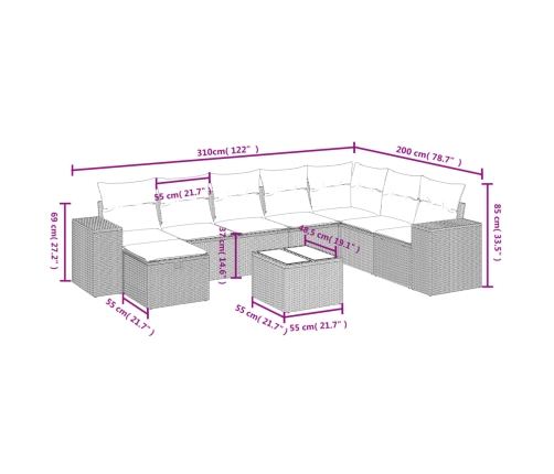 Set de sofás de jardín 9 pzas con cojines ratán sintético beige