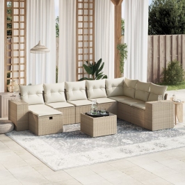 Set de sofás de jardín 9 pzas con cojines ratán sintético beige