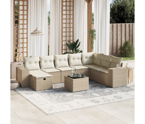 Set de sofás de jardín 9 pzas con cojines ratán sintético beige