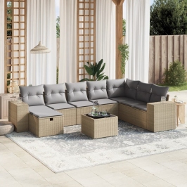 Juego de sofás jardín con cojines beige mezcla 9 pzas ratán PE