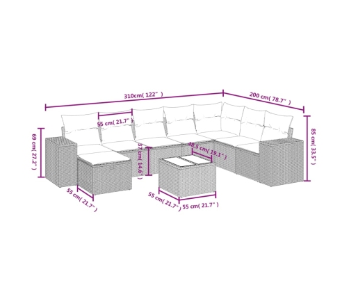 Set de muebles de jardín 9 pzas y cojines ratán sintético gris