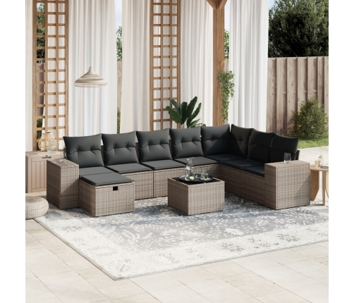 Set de muebles de jardín 9 pzas y cojines ratán sintético gris