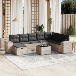 Set muebles jardín 9 pzas y cojines ratán sintético gris claro
