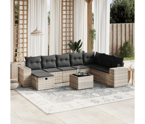 Set muebles jardín 9 pzas y cojines ratán sintético gris claro